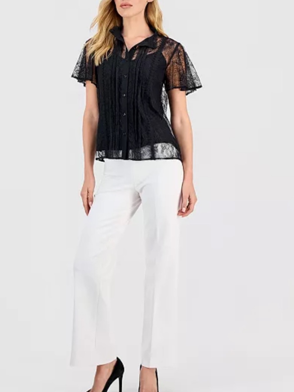 Anne Klein Women's Flutter-Sleeve Button-Front Lace Blouse lace fairy grunge